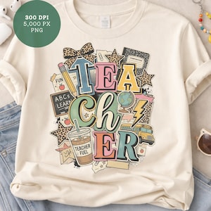 Colorful Patchwork Teacher collage PNG, Retro Teacher PNG, Retro Teach Shirt Design, Trendy School Sublimation Graphic, Teach Scrapbook png