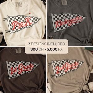 Distressed Checkered Pennant Flag Png Bundle, Back To School Png, Teacher Team Shirt, School Grade Level Team Tee, Retro Flag Png set