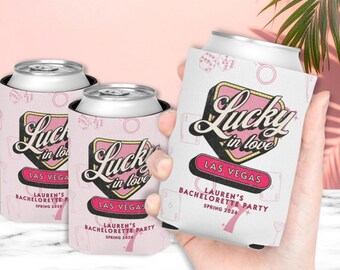 Vegas Bachelorette Can Coolers, Personalized Lucky In Love Bride Drink Sleeves, Custom Bach Party Favors, Slim Can Holder