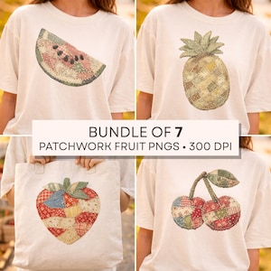 May include: A collection of white t-shirts and a tote bag featuring patchwork fruit designs. The fruits include a watermelon slice, pineapple, strawberry, and cherries. The text reads "BUNDLE OF 7 PATCHWORK FRUIT PNGS • 300 DPI".