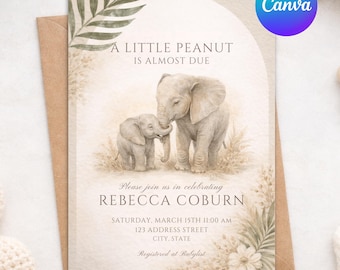 Little Peanut Boho Elephant babyshower uitnodiging, bewerkbare genderneutrale safari uitnodiging, jungle dieren groen strooi, olifant mama