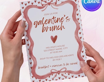 Zaproszenie na imprezę Galentines, ręcznie rysowane, Walentynki, zaproszenie na wieczór panieński, kokarda kokietki na brunch walentynkowy, edytowalne zaproszenie cyfrowe Canva