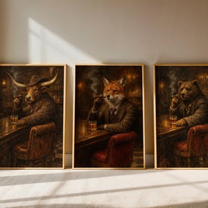 lot d'art mural vintage Gentleman animal Bourbon, ensemble d'affiches de bar à whisky homme des cavernes, affiche western, impression de cigare, art mural masculin, renard taureau