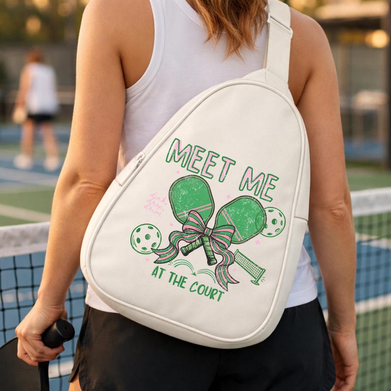 May include: White sling bag with a green and pink pickleball-themed graphic. The graphic includes pickleball paddles, balls, and the text "MEET ME AT THE COURT". The bag has a single strap and a zipper closure.