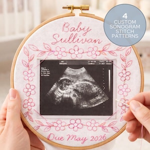 Custom Embroidered Sonogram Frame Patterns, Hand Made Pregnancy Announcement Embroidery PDF, Baby Name & Due Date Stick and Stitch Hoop Set