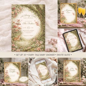 Inbjudningspaket med älv-babyshower, inbjudningsset med boho-tema för babyflicka, magiskt älvdamm och skogsströssel, redigerbar canvas-inbjudan