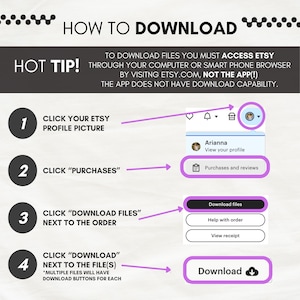 May include: A step-by-step guide on how to download files from Etsy. The image includes text instructions with numbered steps and screenshots, including the Etsy profile picture, purchases, and download buttons. The text advises using a computer or browser, not the app.