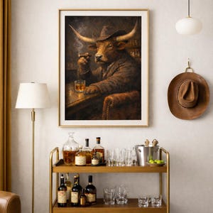 art mural vintage Western Longhorn boire du bourbon, affiche de l'homme des cavernes du Texas, art animal américain de cigare, art mural masculin, affiche de bar à whisky