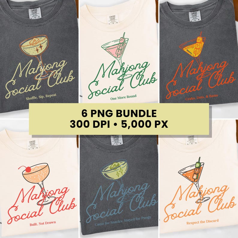 K&ouml;nnte beinhalten: Sechs T-Shirts mit Cocktail-Grafiken und dem Text "Mahjong Social Club". Jedes Shirt zeigt ein anderes Cocktail-Design und einen einzigartigen Satz. Die Shirts sind in verschiedenen Farben erh&auml;ltlich, darunter Grau, Wei&szlig; und Creme.