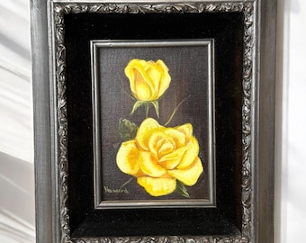 Vintage Black Velvet Still Life Painting Roses in Vases Pink Red