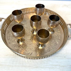 Vintage Brass Cordial Set / Etched Brass Tray and 6 Small Goblets/ Made in India/ Mid Century Modern Barware/ Serving Tray