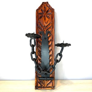 Vintage Spanish Revival Wall Sconce/ Brutalist Double Candle Holder / Carved Wood and Metal Chain/ Wall Hanging / Castlecore/Gothic/ Rustic