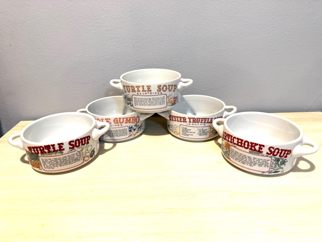 Vintage New Orleans Recipe Soup Mugs | 1970s Ljungberg Ceramic Soup Bowl with Double Handles | Creole Gumbo Oyster Truffle Artichoke Turtle