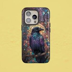 Crow Faux Stained Glass Phone Case Gothic Style Protection TOUGH Cover for iPhone 16, 15, 14, 13, 12, Google Pixel 9, 8, 7, Samsung S25, S24