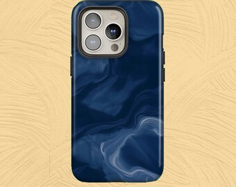 Navy Blue Marble Phone Case Aesthetic Girl TOUGH Cover for iPhone 16Plus, 15, 14, 13, 12, Google Pixel 9, 8A, 7A, 6A, Samsung S25, S24, S23,