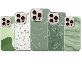 May include: A collection of five phone cases in shades of green. Designs include abstract shapes, floral patterns, and botanical line art. The cases have clear edges and are designed to fit a smartphone.