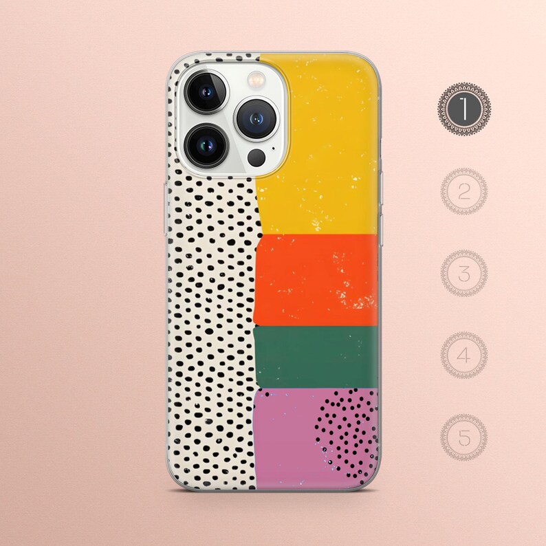 May include: A clear phone case with a colorful abstract design. The design features a black and white polka dot pattern, yellow, orange, green, and purple stripes.