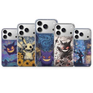May include: Five phone cases with distinctive designs. Each case showcases a different Pokemon character against a stylized backdrop, including a starry night and sunflowers. The cases have clear edges and a glossy finish.