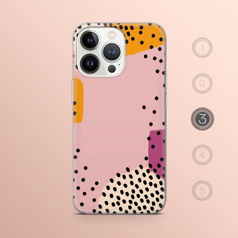 May include: A clear phone case with a pink, yellow, and purple abstract design featuring black polka dots. The design is reminiscent of modern art.