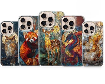Stained Glass Cute Animal Phone Case Colorful Art Cover for iPhone 17 Pro Max, 16e, 15, 14 Google Pixel 10 XL, 9a Samsung Galaxy S26, S25 Fe