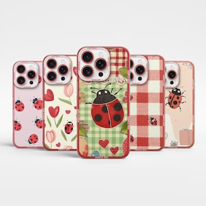May include: A collection of five phone cases with ladybug designs. The cases feature various patterns, including ladybugs on a pink background, tulips, hearts, gingham, and a red and white checkered pattern. The text "LADYBUG" and "SIMPLE RED" are visible.
