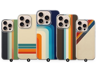 May include: Five phone cases with retro designs. The cases display various colour schemes, including stripes and curved lines in shades of blue, orange, brown, and beige. Each case has a clear protective bumper.