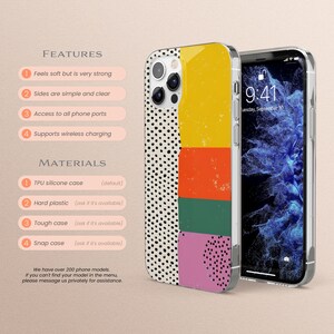 May include: A colorful phone case with a geometric design featuring black polka dots, yellow, orange, red, green, and pink. The case is compatible with wireless charging and has access to all phone ports. The case is available in TPU silicone, hard plastic, tough case, and snap case.
