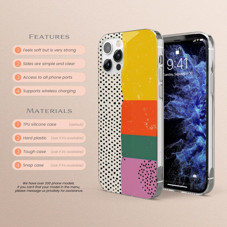 May include: A colorful phone case with a geometric design featuring black polka dots, yellow, orange, red, green, and pink. The case is compatible with wireless charging and has access to all phone ports. The case is available in TPU silicone, hard plastic, tough case, and snap case.