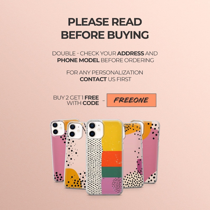 May include: Three phone cases with abstract geometric designs in pink, yellow, and orange with black polka dots. The text "FREEONE" is in a red box.