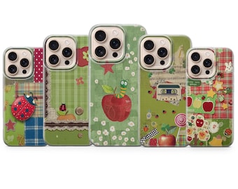 Funda para teléfono Apple Twee Cottagecore Farmhouse Retro Patchwork Verde Vintage Apples & Ladybugs para iPhone 17 Pro, Samsung S26, Pixel 10