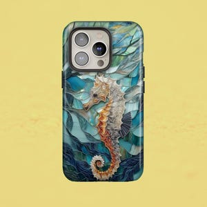 Ocean Stained Glass Art Design Phone Case Aqua and Coral Aesthetic, Seahorse Underwater Gift TOUGH Cover for iPhone 16, Pixel 9, Samsung S25
