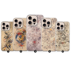 May include: Five phone cases with abstract art designs. The cases feature various color palettes, including beige, red, blue, and white. Each case has a different design, with some featuring splatters and others geometric patterns.