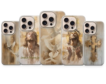 May include: A collection of phone cases featuring religious artwork. The cases display images of Jesus with a crown of thorns, doves, and a cross. The background has a sepia tone, and the text "Jesus loves you" is visible on one case.