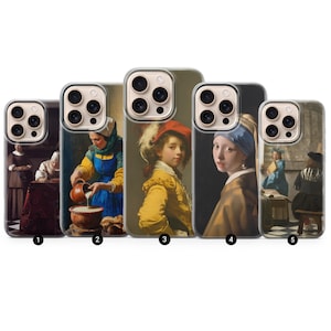 May include: A collection of five phone cases featuring classic art prints. The cases showcase famous paintings with various subjects, including portraits and scenes with figures in historical attire. The cases have a clear border.