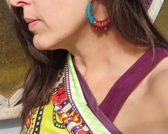 10 Gauge Copper Hoop Earrings: Turquoise and Dark Orange Silk Wrapped Tunnel Threaders