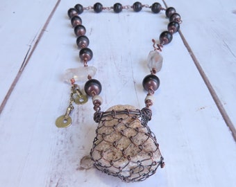 Raw Quartz and Ebony Asymmetrical Necklace -Handmade by Gypsy Intent