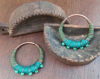 10 Gauge Copper Hoop Earrings: Teal and Pine Silk Wrapped Tunnel Threaders