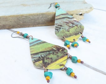 Van Gogh Earrings, Biscuit Tin Earrings with Sterling Silver Ear Wires, Teal and Yellow