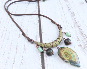 Adjustable Green and Turquoise Ammonite Necklace -Handmade by Gypsy Intent