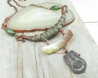 Silk Road Necklace, Adjustable, Sage Green Silk Wrapped Copper Necklace with Buddha Pendant from Thailand