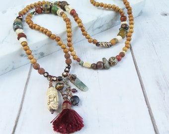 Long Earthy Fall Beaded Necklace, Luxe Bohemian Mala Style Necklace