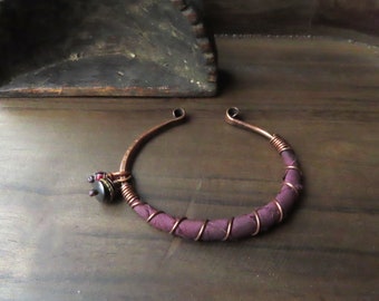 Adjustable Copper Cuff, Maroonish-Purple Silk Wrapped Handmade, Upcycled Metal Bracelet with Prayer Bead