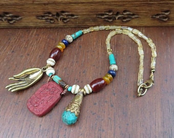 Turquoise Triple Pendant Necklace with Mudra Hand