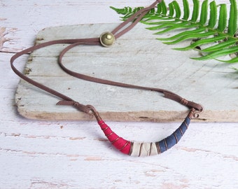 Red, White and Blue Necklace -Adjustable Silk Wrapped Copper Necklace,  Eclectic Bohemian Jewelry by Gypsy Intent