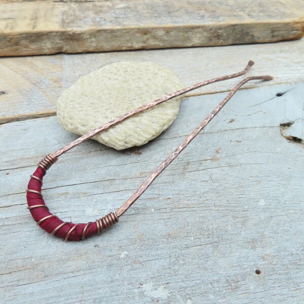 Copper and Silk Hairpin in Deep Dark Red, Upcycled Copper -by Gypsy Intent