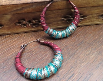 Sari Silk Wrapped Hoop Earrings with Sterling Silver Ear Wires, Large size