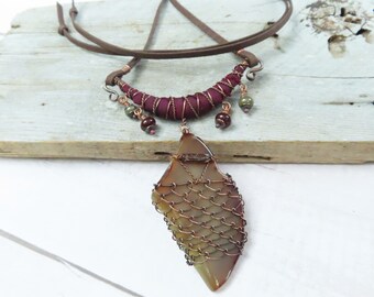 Adjustable Maroon Copper and Silk Necklace with Agate and Lampwork Beads -Handmade by Gypsy Intent