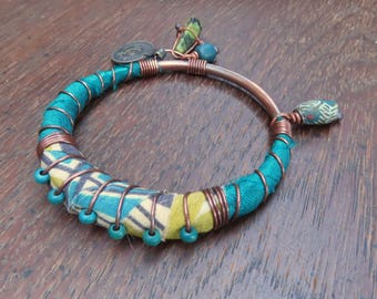 Handmade Copper Bangle: Silk Wrapped Boho Charm Bracelet, Teal and Olive