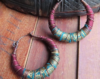 Sari Silk Wrapped Hoop Earrings with Sterling Silver Ear Wires, Medium size