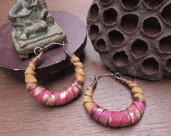 Mustard Yellow Silk Road Hoop Earrings: Hammered Copper and Sterling Silver